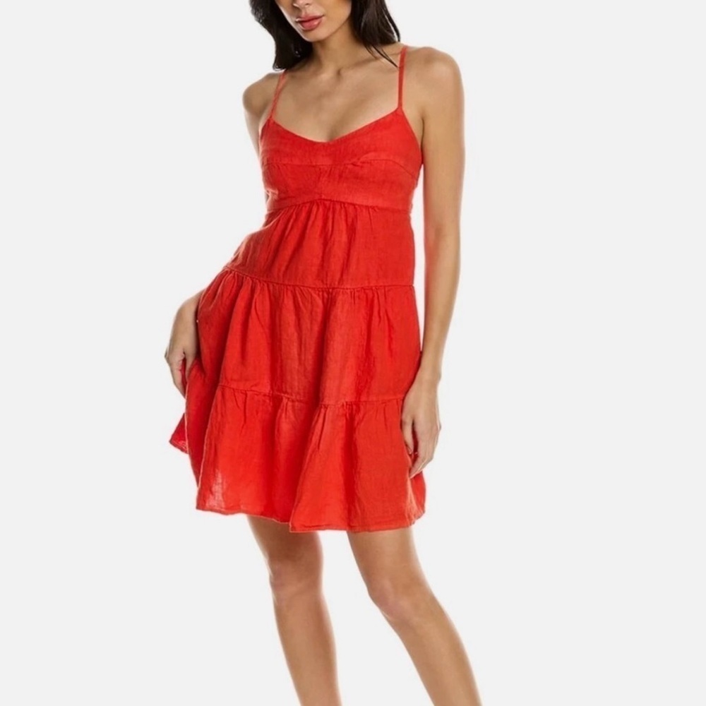 Honorine Red Linen Tiered Mini Dress Large Spaghetti Strap Summer Sundress NWT